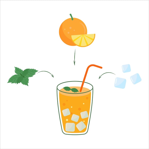 Fresh orange juice in a glass Coctail pipe and realisitc orange slice Citrus natural fruit drink