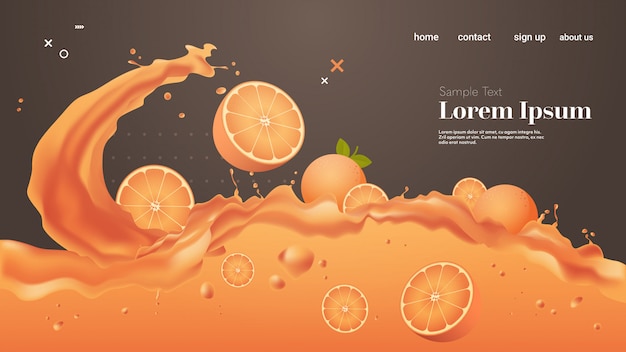 벡터 신선한 오렌지 주스 액체 스플래시 현실적인 밝아진 건강 한 과일 튀는 파도 가로 복사 공간