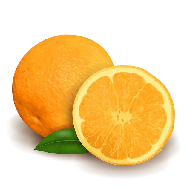 Fresh orange with green leaf and slice isolated on white background, realistic 3d design.