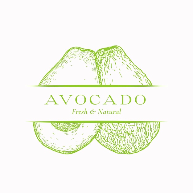 Segno, simbolo o modello di logo di vettore dell'estratto dell'avocado organico fresco. sillhouette di schizzo di frutta disegnata a mano con tipografia moderna. isolato