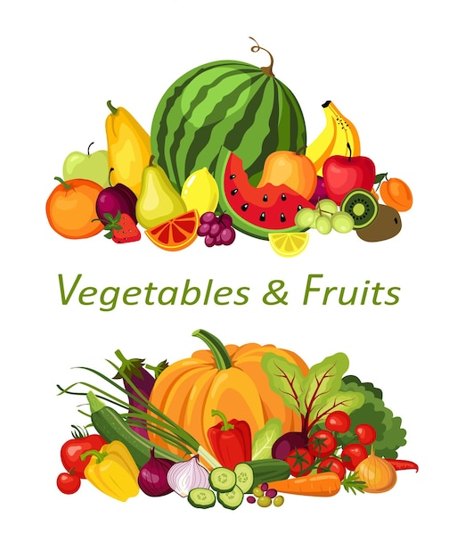 Vector fresh organic fruits and vegetables.