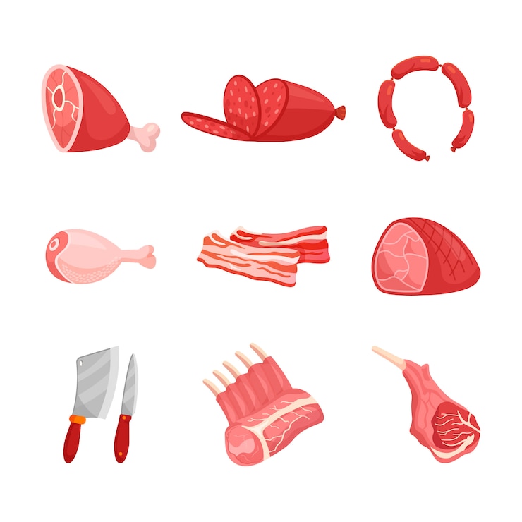 Fresh organic meat illustration, butcher's tools.