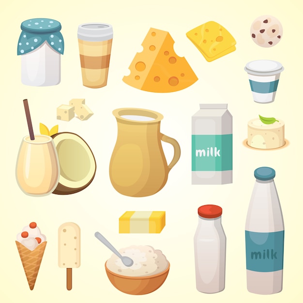 Vettore prodotti lattiero-caseari biologici freschi con formaggio, burro, caffè, panna acida e gelato.