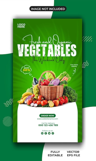 Vector fresh and organic vegetables and groceries social media and instagram story template