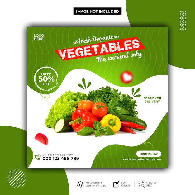 Fresh and organic vegetables and social media post Vector template Premium