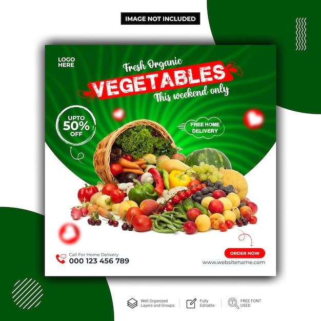 신선하고 유기농 야채와 소셜 미디어 게시물 벡터 템플릿 Premium