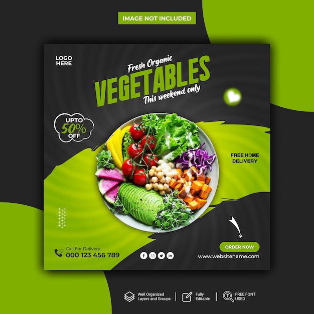 Vector fresh and organic vegetables and social media post vector template