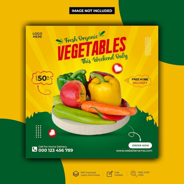 Vector fresh and organic vegetables and social media post vector template