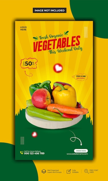 Fresh and organic vegetables and social media posts and Instagram story vector template