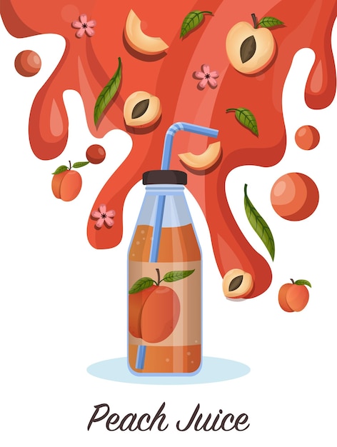 Свежий персиковый сок в концепции стеклянной бутылки персиковая капля на брызгах сока и рябь