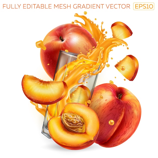 Vector fresh peaches and splashing juice in a glass.