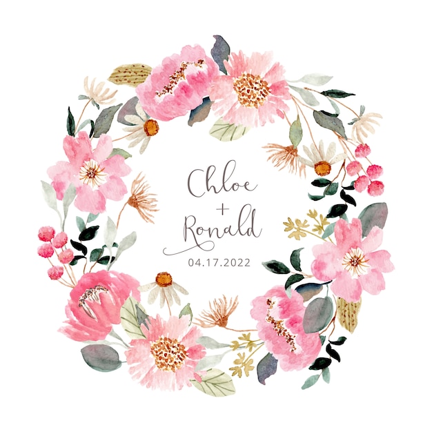 Fresh pink floral garden watercolor wreath