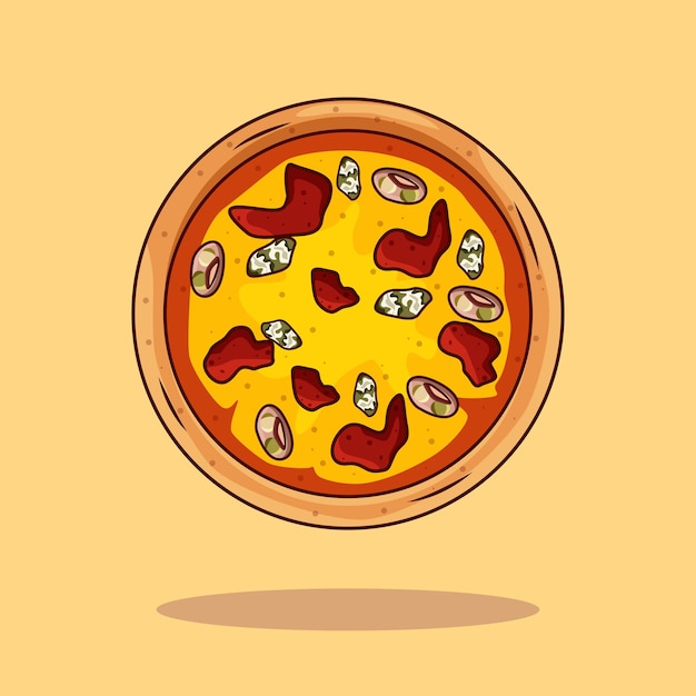 신선한 피자, 치즈, 소시지, 양파, 바질. 전통적인 이탈리아 패스트 푸드. 탑뷰 식사