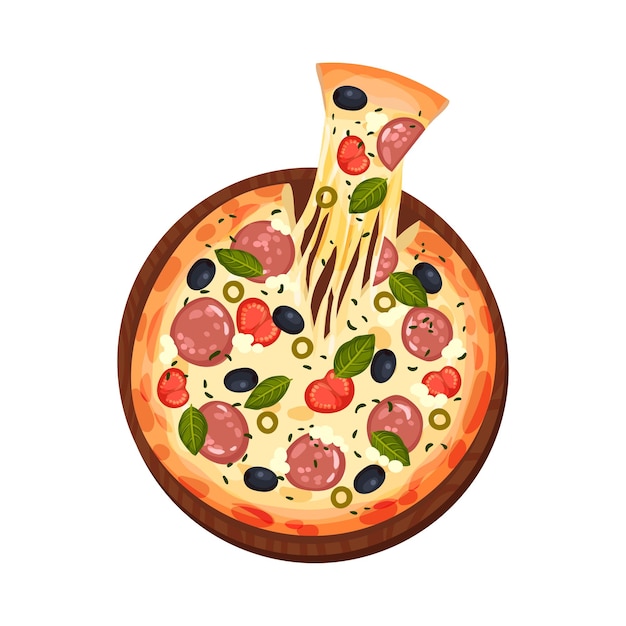 Fresh pizza traditional italian cuisine food with tomatoes cheese salami sausage olives vector
