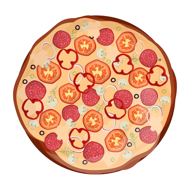 Vector fresh pizza with tomato, cheese, olive, sausage, onion. traditional italian fast food. top view meal. european snack. isolated white background.