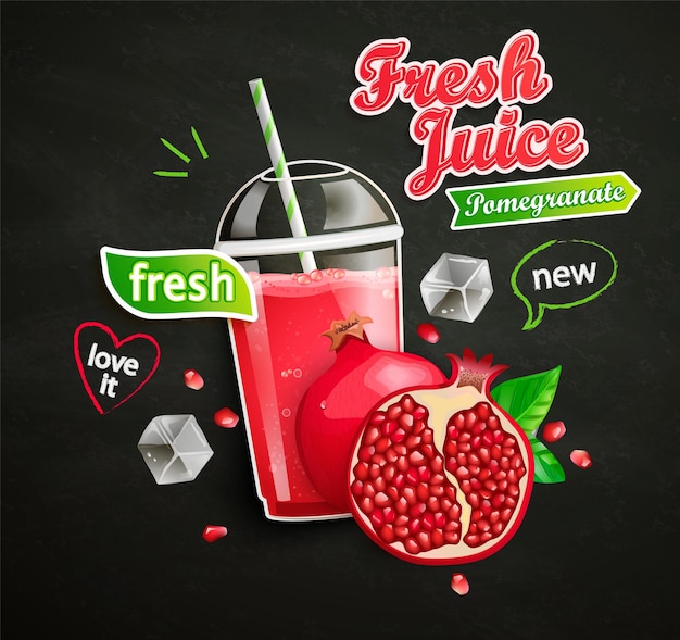 Fresh pomegranate juice banner with ice fruit on blackboard background for brandlogo templatelabelemblemstorepackagingadvertisingvector illustration