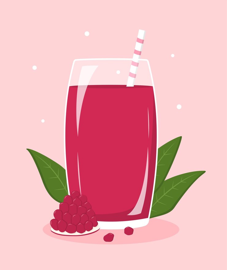 Vector fresh pomegranate juice. glass of juice, a slice of pomegranate, and leaves. vector illustration.