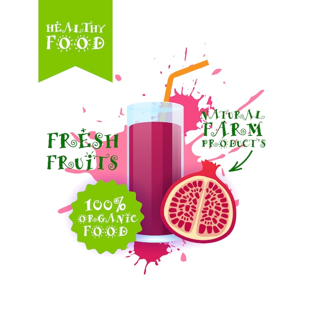 fresh pomegranate juice illustration natural food farm products label over paint splash