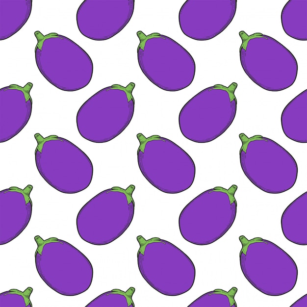 Fresh raw eggplant seamless pattern in doodle and sketch style.
