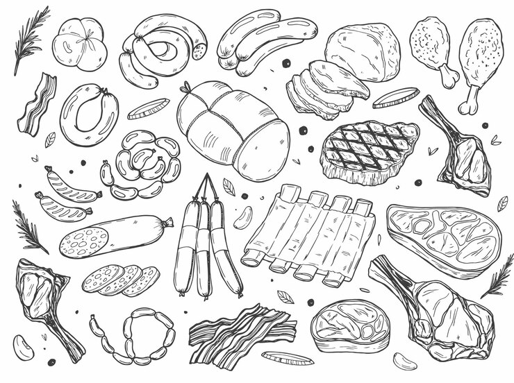 Векторная иллюстрация эскиза коллекции свежего сырого мяса Ручно нарисованный изолированный дизайн пищи