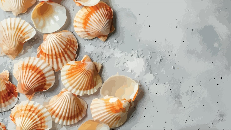 Vector fresh raw scallops in shells on grey table culinary photography concept