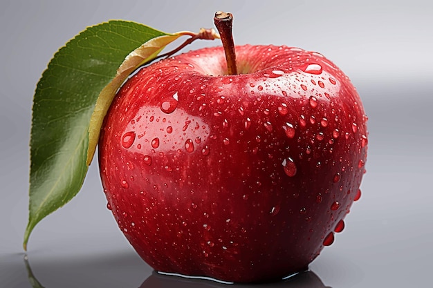 Вектор Свежее красное яблоко с листьями и каплями воды