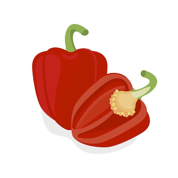 Fresh red bell peppers on a white background. Half a pepper of tasty sweet vegetable. Paprika icon. Can be used as emblem, logo, web print, sticker. Vector illustration