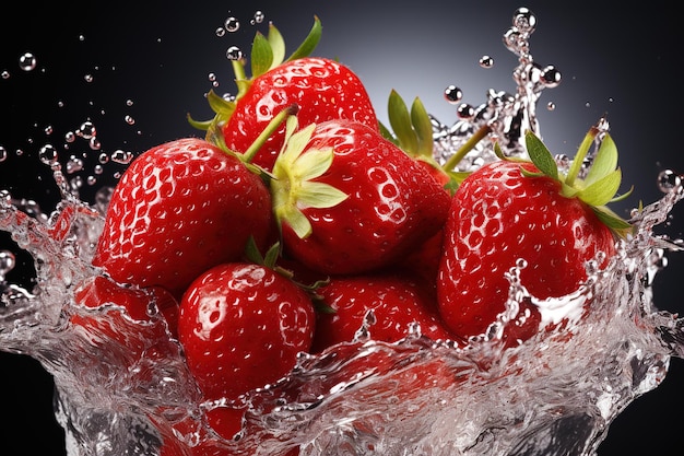 Fresh red strawberries falling in water water splash strawberry background food summer isolat