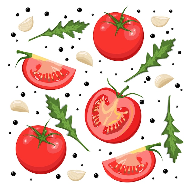 Vector fresh red tomatoes. vegetables. half a tomato, a slice and a whole tomato.