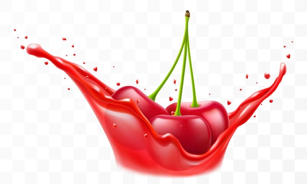 Fresh ripe cherry falls into a splash of juice isolated on transparent background Realistic
