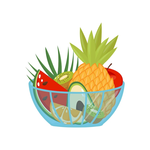 Fresh ripe fruits in a glass bowl healthy lifestyle and diet concept vector Illustration on a white background