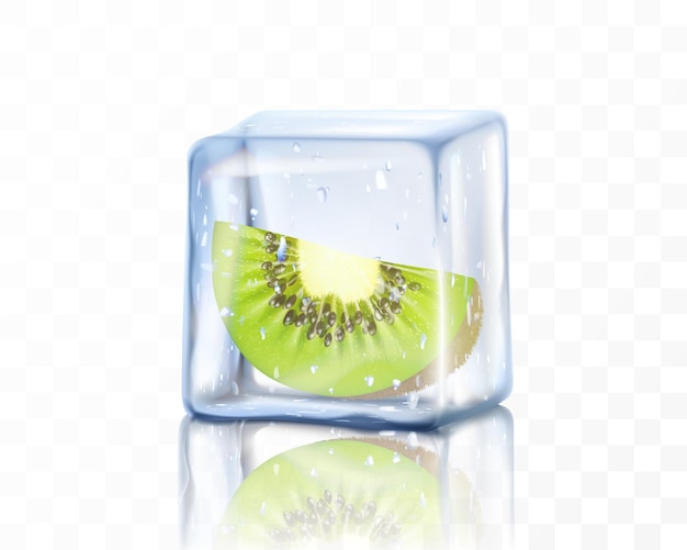 ベクトル 透明な背景に分離されたアイス キューブの新鮮な熟したキウイ スライス キウイの冷凍部分リアルな 3 d ベクトル図