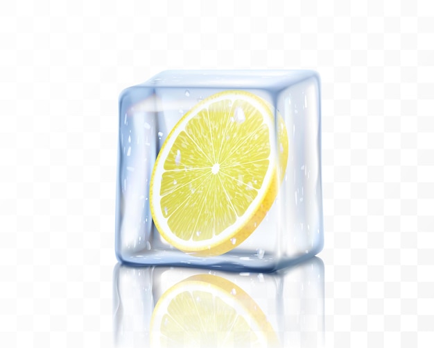 투명 한 배경에 고립 된 얼음 큐브에 신선한 잘 익은 레몬 슬라이스 냉동 레몬 조각 현실적인 3d 벡터 일러스트 레이 션