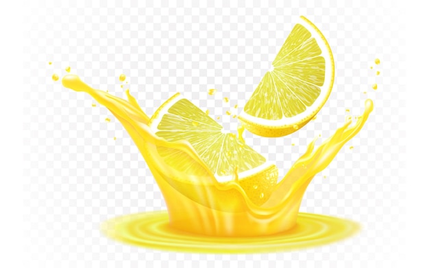 Fresh ripe lemon in a splash of juice isolated on transparent background lemon slices fall into fresh juice realistic 3d vector illustration citrus liquid symbol of summer tropical vacation