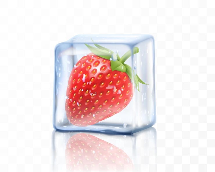 Vector fresh ripe strawberry in ice cube isolated on transparent background frozen strawberry realistic 3d vector illustration