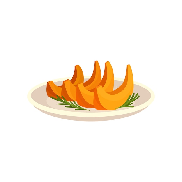 Fresh ripe whole pumpkin cut into pieces on a plate vector Illustration isolated on a white background
