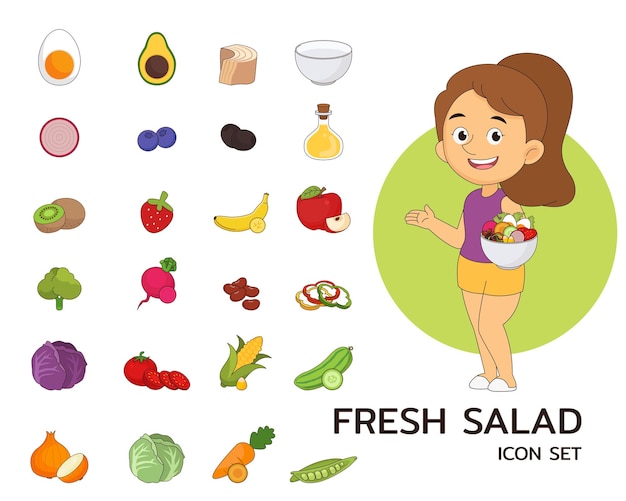 Vector fresh salad concept flat icons.