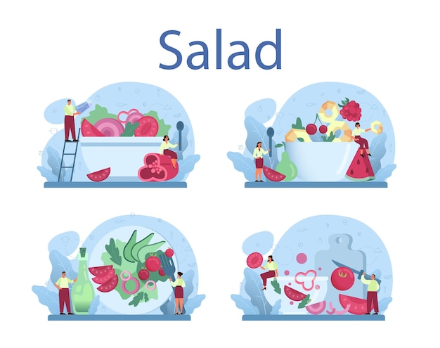 Свежий салат в наборе миска. люди готовят экологически чистую и здоровую пищу. салат из овощей и фруктов.