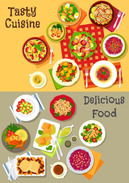 Vector fresh salad with vegetable fish and meat icon set