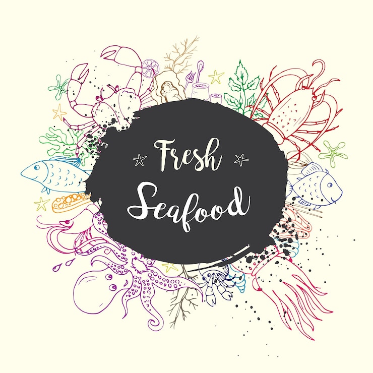 Vector fresh seafood background doodle stock vector illustration