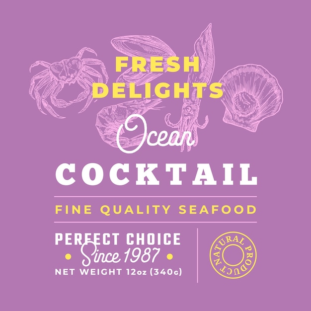 Vettore frutti di mare freschi cocktail delights premium quality label. layout di progettazione del packaging.