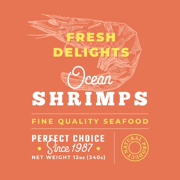 Fresh Seafood Delights Premium Quality Label. Packaging Design Layout.