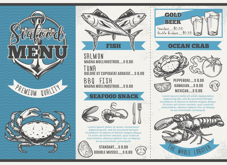Vector fresh seafood menu vintage colorful