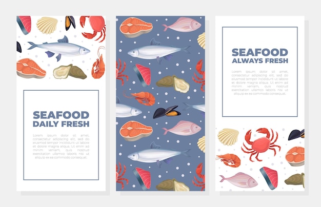 fresh seafood vertical banners set restaurant or fish market advertising poster card packaging design vector illustration