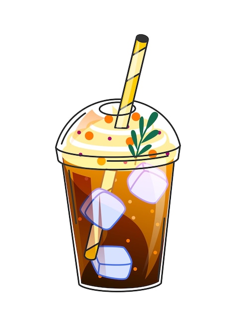 Вектор Свежий смузи в стиле doodle освежающий летний газированный напиток с льдом в стакане с соломой
