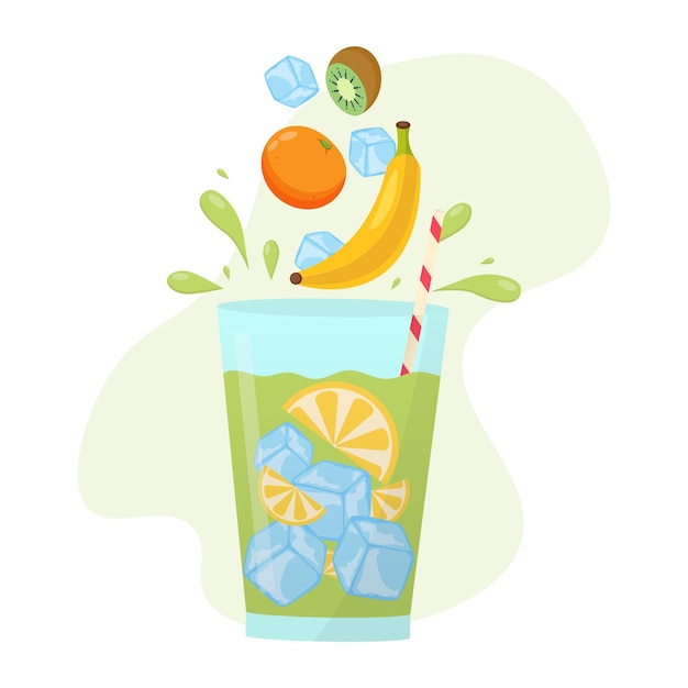 Vector fresh smoothie with banana orange kiwi and ice in cartoon style cold juice or vitamin fresh