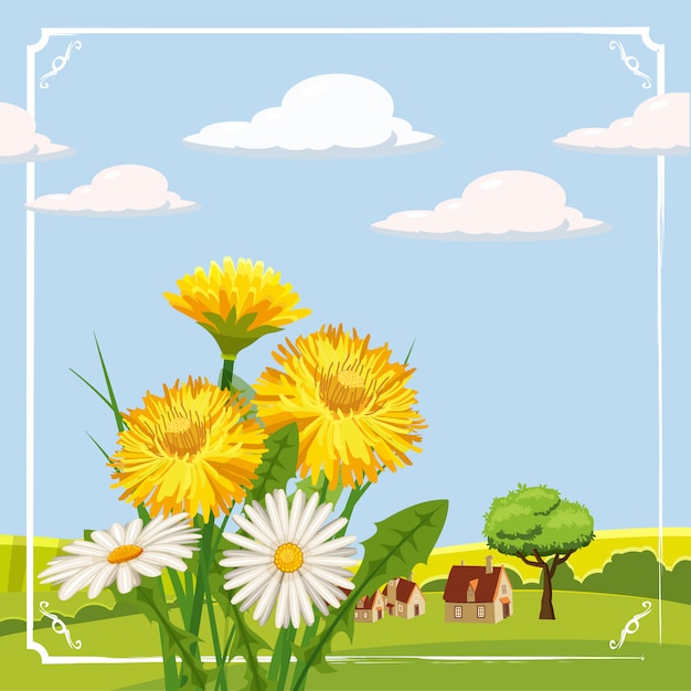 Fresh spring background with grass, dandelions and daisies