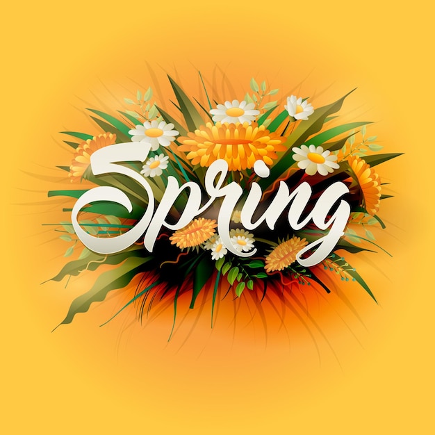 Fresh spring background with grass Yellow background beautiful flowers