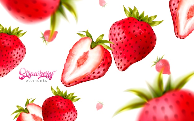 Vector fresh strawberries falling down from sky