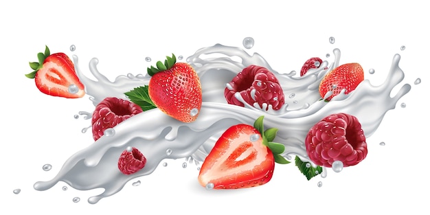 Fresh strawberries and raspberries in a splash of milk or yogurt on a white background.